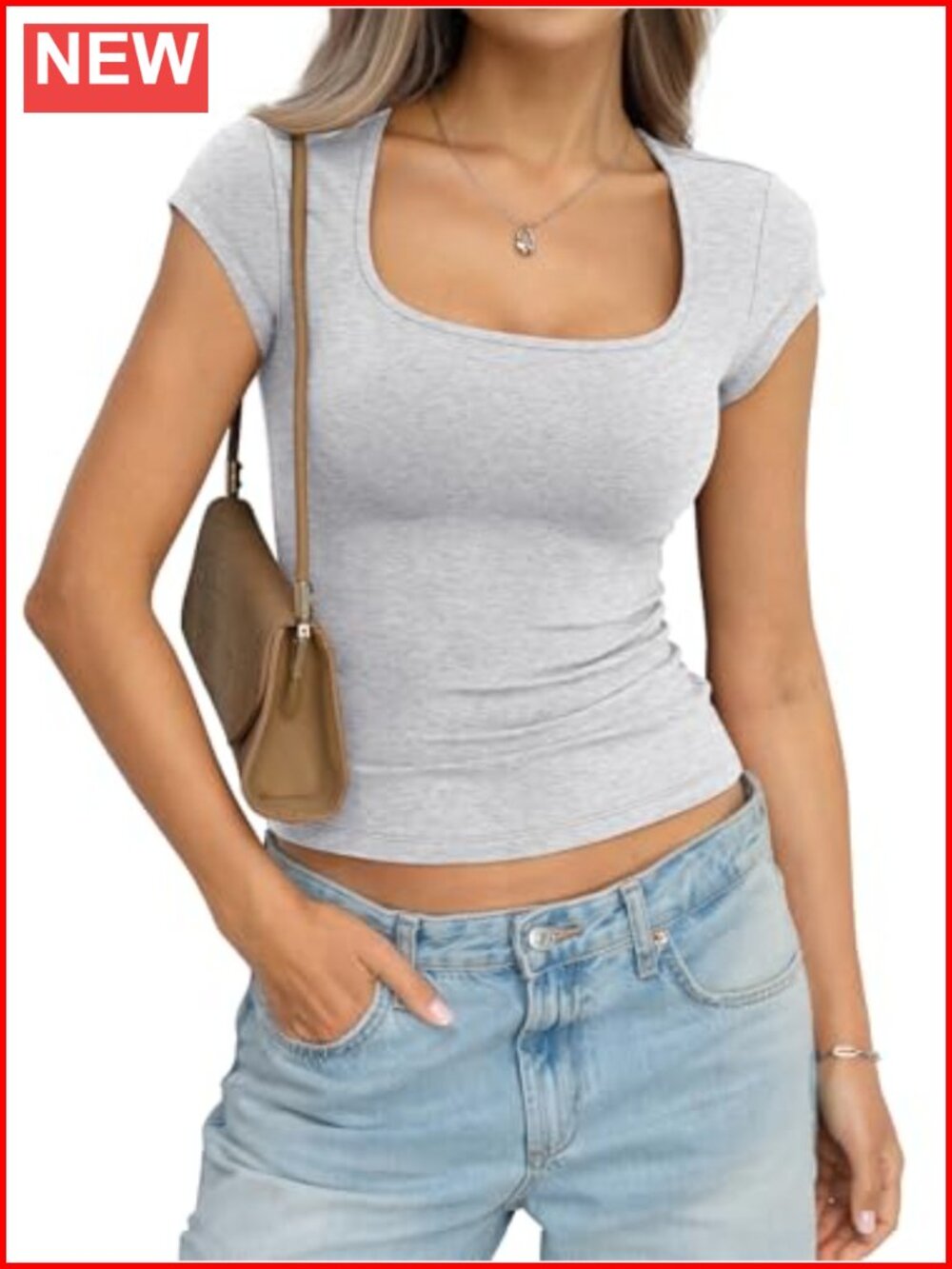 Women's Cotton Square Neck Fitted T-Shirt Cap Sleeve Summer Top